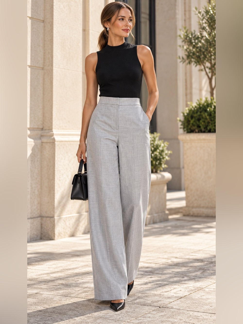 Zara Light Grey High-Waisted Wide-Leg Trousers | M | NWOT